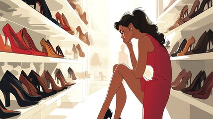a 2d cartoon illustration of a woman trying on a dress in front of a mirror, elegant and chic, white