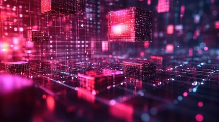 blockchain technology development with vibrant digital blocks, soft lighting, sleek modern setup, fu