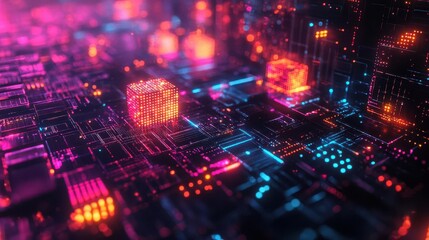 blockchain technology development with vibrant digital blocks, soft lighting, sleek modern setup, fu