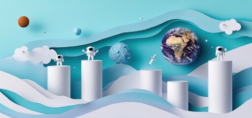 Wall Mural - a whimsical paper art scene featuring astronauts, planets, and a globe on podiums.