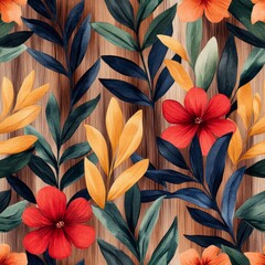 Wall Mural - Watercolor floral pattern with red flowers and green leaves on a wooden background.