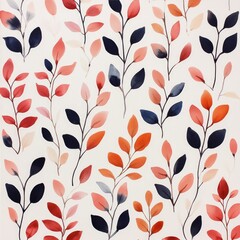 Wall Mural - Watercolor pattern of autumn leaves in blue, orange, and pink on a white background.