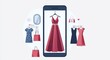 © BerkahStock - A smartphone displaying a stylish dress with shopping elements around it.