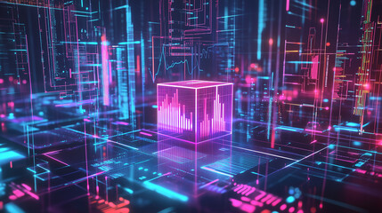 A glowing cube sits in a digital landscape with lines of code, creating a futuristic aesthetic