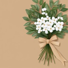 Wall Mural - White flowers and green leaves bouquet tied with a beige ribbon on a brown background.