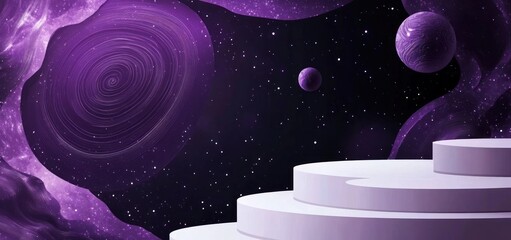 Wall Mural - a cosmic scene featuring purple swirls and planets with steps leading into space.
