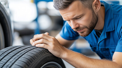 A mechanic in a well-lit workshop inspecting car tires, looking at the tire tread and sidewalls closely to ensure quality and safety for driving.