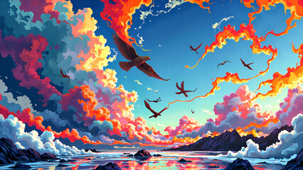 Witness the breathtaking beauty of a vibrant sunrise over an endless ocean of clouds, digital painting of surreal landscape concept.