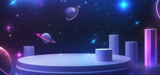 Wall Mural - a cosmic scene featuring planets and a podium in a starry background.