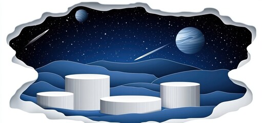 Wall Mural - a stylized space scene with planets and mountains, depicting a cosmic landscape.
