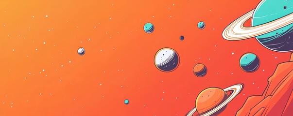 Wall Mural - a colorful illustration of planets in space against an orange background.
