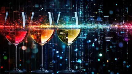 Wall Mural - abstract visualization of wine glasses with digital effects and vibrant colors.