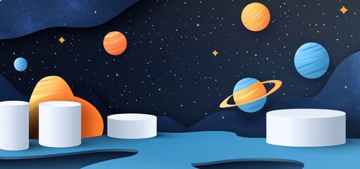 Wall Mural - a colorful space scene with planets, stars, and abstract shapes.