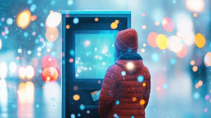 A person illuminated by the glow of an ATM screen, withdrawing cash using their debit card in a brightly lit city at night.