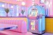 © Kanchanit - 1950s Diner Scene Featuring Retro Jukebox with Bright Neon Reflections and Chrome Accents, Nostalgic Rock 'n' Roll Atmosphere