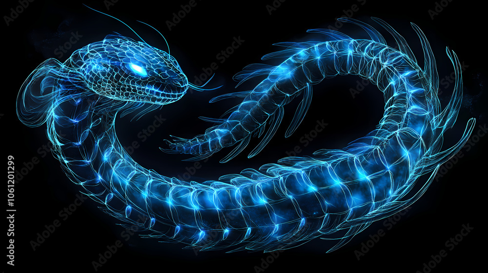Gargantuan sea serpent its scales outlined in mesmerizing blue neon ...