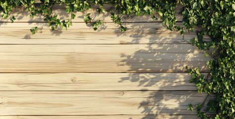 Wall Mural - A wooden wall adorned with green ivy, creating a natural and serene backdrop.