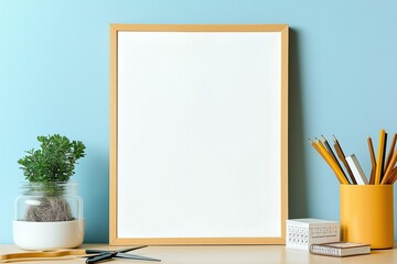 A minimalist workspace scene displaying a blank framed canvas, a potted plant, pencils in a holder, and a notepad, conveying simplicity and creativity.