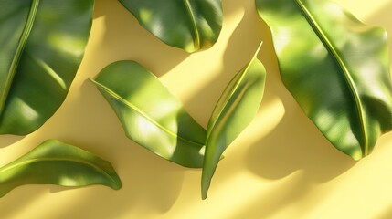 Wall Mural - A composition of green leaves on a yellow background, showcasing natural beauty and contrast.