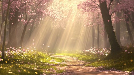 Wall Mural - a serene forest path illuminated by soft sunlight through blooming cherry blossoms.