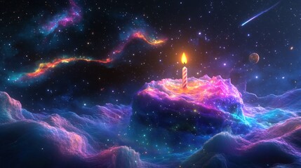 Wall Mural - a cosmic cake with a candle, surrounded by colorful nebulae and celestial bodies.