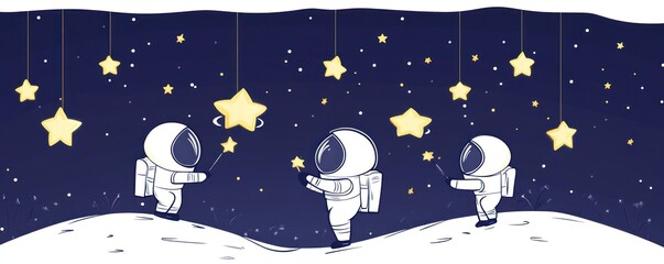 Wall Mural - three astronauts playfully reaching for stars in a whimsical night sky.