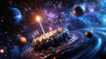 Wall Mural - a cosmic birthday cake with a candle amidst swirling planets in a vibrant galaxy.