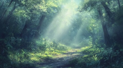 Wall Mural - a serene forest scene with sunlight filtering through the trees, creating a tranquil atmosphere.
