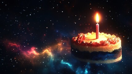 Wall Mural - a cake with a candle floats in a cosmic background, symbolizing celebration in space.