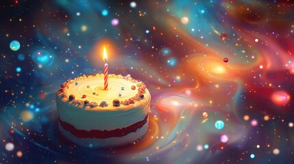 Wall Mural - a whimsical cake with a candle floats in a vibrant cosmic background.