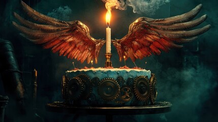 Wall Mural - a whimsical cake with mechanical elements and angelic wings, topped by a candle.