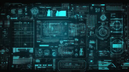 Futuristic digital interface with holographic elements and data displays.