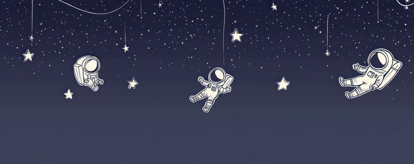 Wall Mural - three astronauts floating among stars in a dark, cosmic background.