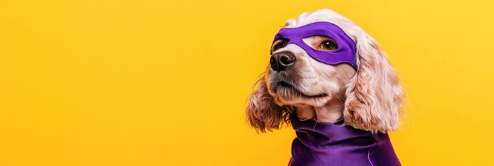 Wall Mural - A dog wearing a purple superhero mask and cape against a bright yellow background.