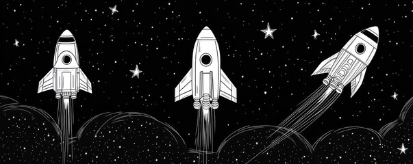 Wall Mural - three rockets launching into space amidst a starry background.