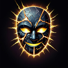 A black mask with glowing yellow cracks and eyes, radiating energy against a dark background. The mask has a sinister smile, suggesting evil.