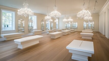 Elegant Room with Chandeliers and White Benches