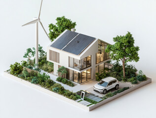 Modern eco friendly house with solar panels and wind turbine, featuring electric car charging station. design emphasizes sustainability and green living