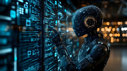 Robot Interacting with Digital Data - 3D Illustration