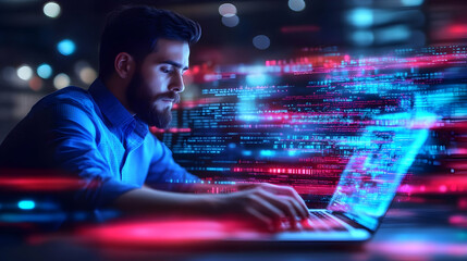 Programmer Working on Laptop with Blue and Red Code Illustration