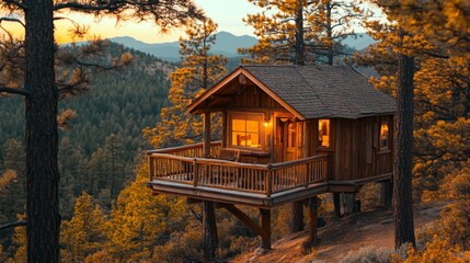 Poster - Rustic Treehouse Cabin with Mountain View at Sunset