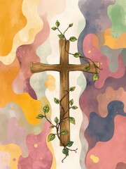 Abstract illustration of Christian cross and vine intertwined on a colorful background, belief