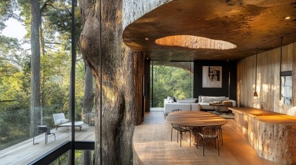 Poster - Tree Trunk Integrated Into Modern Interior Design of a Home