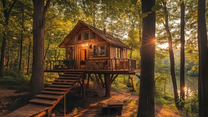 Poster - A wooden cabin built high in the trees with a stairway leading up to it