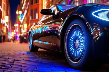 Digital 3D scene of a squad car parked beside a city building at night with lights on, capturing the presence and authority of law enforcement, symbolizing vigilance and order