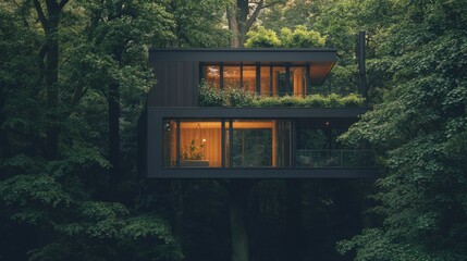 Poster - Modern Treehouse Nestled Among Lush Green Forest Canopy