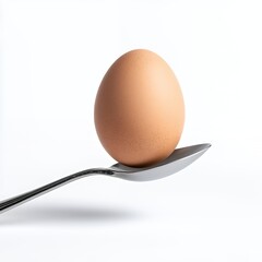 A single brown egg balanced on a silver spoon against a white background.