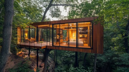 Poster - Modern Treehouse with Glass Walls and a View of the Forest