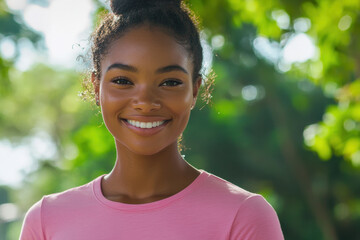 young woman smiling brightly in pink t shirt, surrounded by greenery, radiating joy and confidence. Her natural beauty shines in sunlight