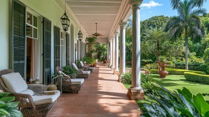 Poster - A Tranquil Patio with Wicker Chairs and Lush Greenery